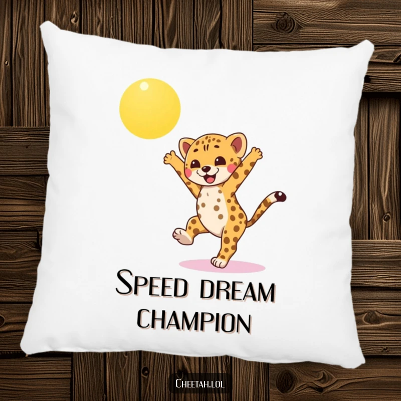 Funny cheetah cub pillow, performing a cartwheel under a bright sun, adding a touch of athletic joy and playful comfort to any space.