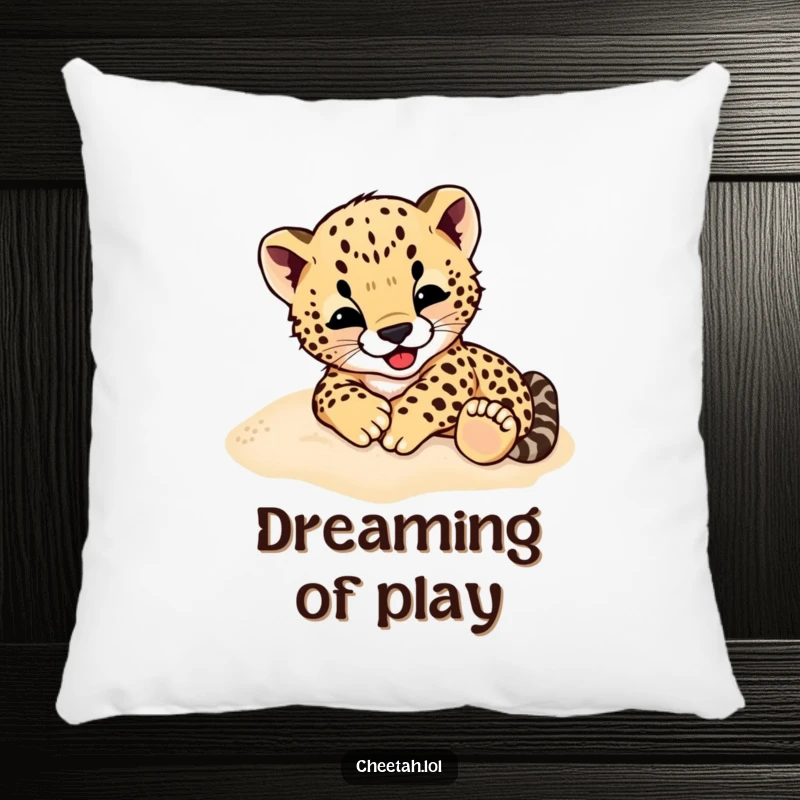 Funny Cheetah Cub Pillow: A soft pillow featuring a cheetah cub gleefully rolling in the sand, embodying playful cuteness.