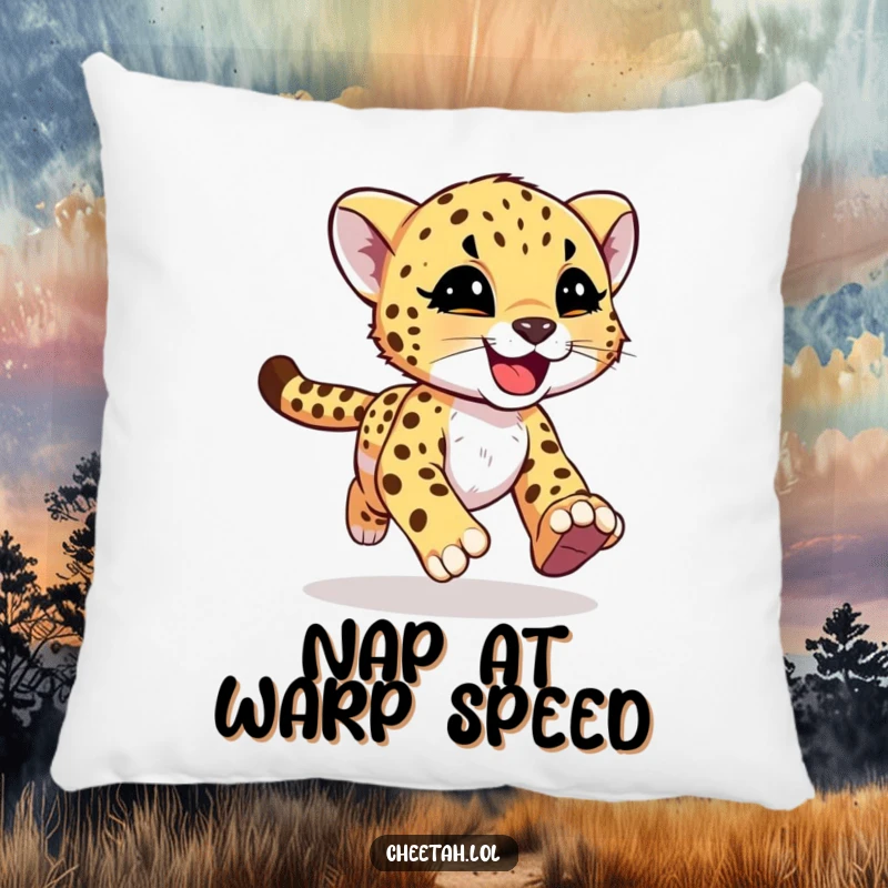 Funny cheetah cub with joyful motion streaks on a plush pillow, embodying playful speed for screen readers.