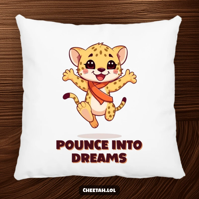 Funny happy cheetah cub wearing a sash, mid-graceful leap, on a soft pillow, providing comfort and elegance, an ideal funny gift.
