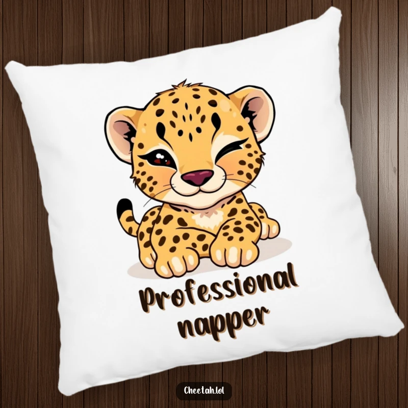 Funny cheetah cub pillow featuring a cub giving a playful wink while stretching, offering cozy charm and cool vibes.