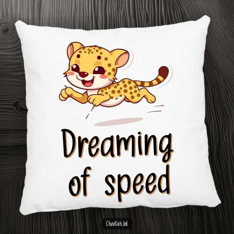 Funny smiling cheetah sprinting with effortless grace on a pillow, perfect for cozy comfort.