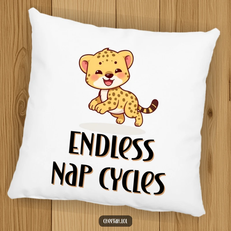 Funny cheetah cub pillow with a smiling cub chasing its tail. Decorative and soft.