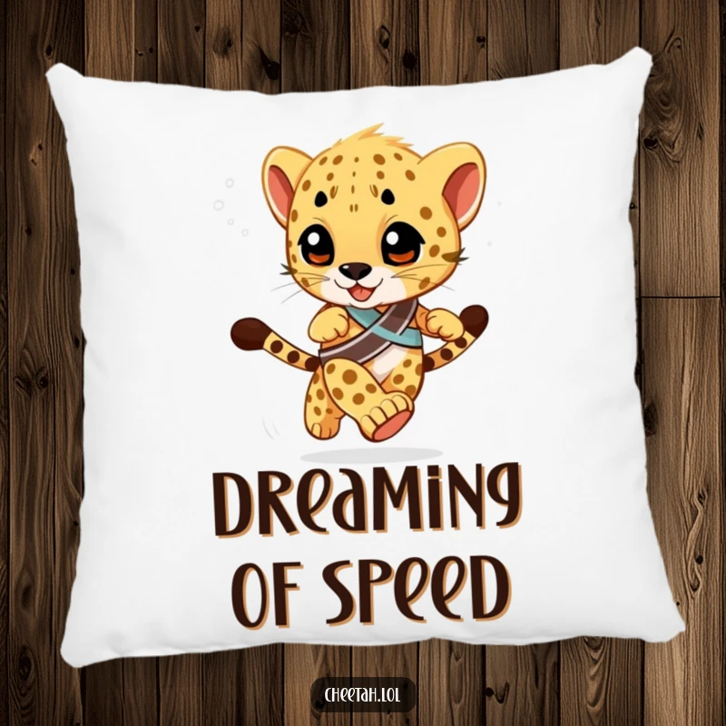 Funny Pillow featuring a cheetah cub with a winner's sash, in a blurred background suggesting speed, offering comfort with a humorous racing theme.