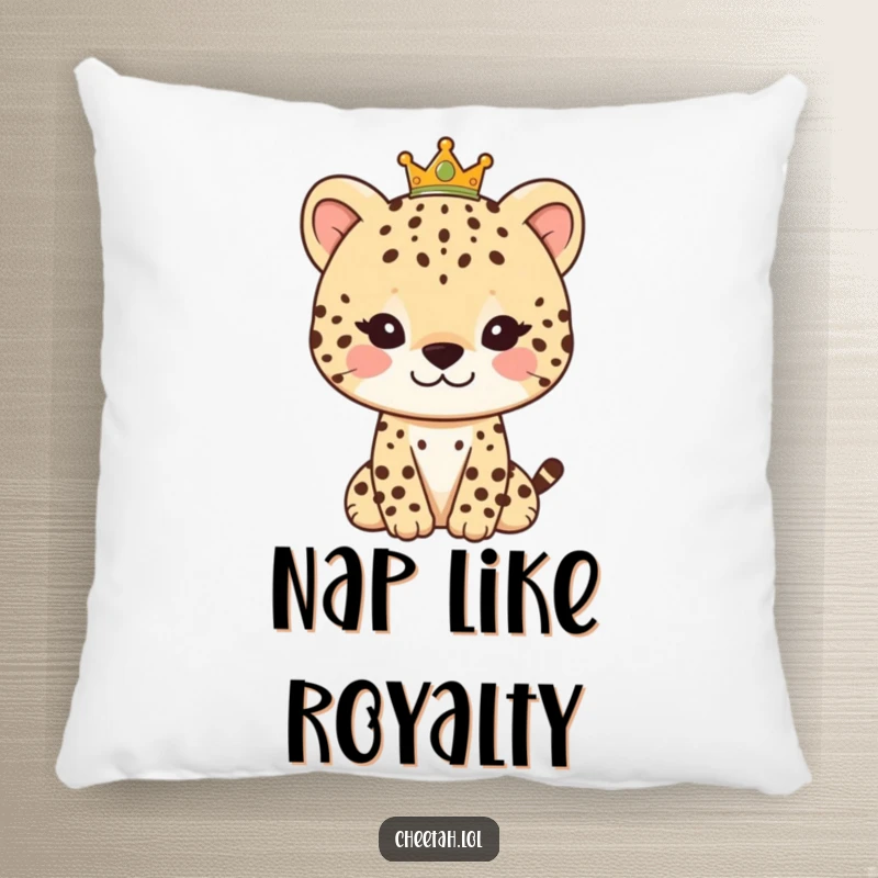Funny decorative pillow showcasing a regal cheetah with a soft smile and a tiny crown, offering comfort and playful sophistication.