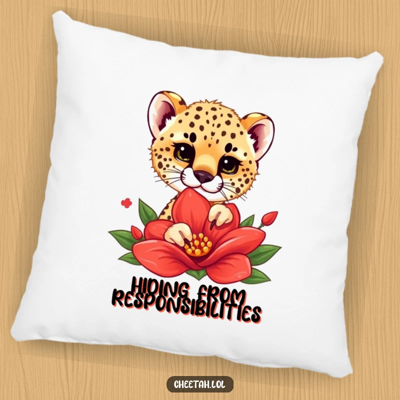 Funny pillow featuring a cheetah cub playfully peeking from behind a big red flower, adding a cute and humorous touch to any room.
