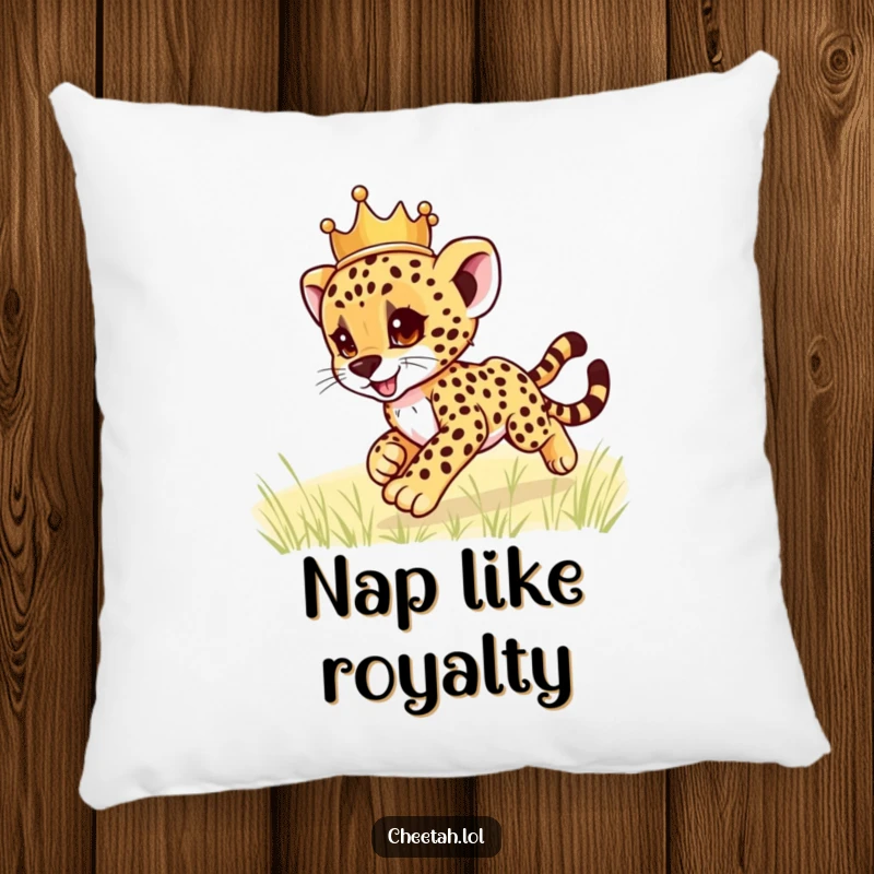 Funny cheetah cub wearing a crown, zooming playfully, on a soft pillow, providing comfort and humor, an ideal funny gift for decor.