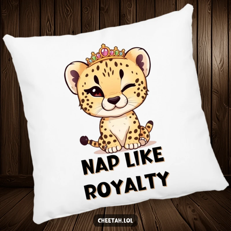 Funny cheetah cub winking, adjusting a tiny tiara, on a soft pillow, adding a touch of regal humor.
