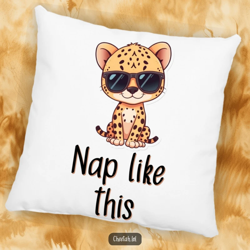 Funny kawaii cheetah wearing sunglasses, posing coolly on a pillow, perfect for comfort.