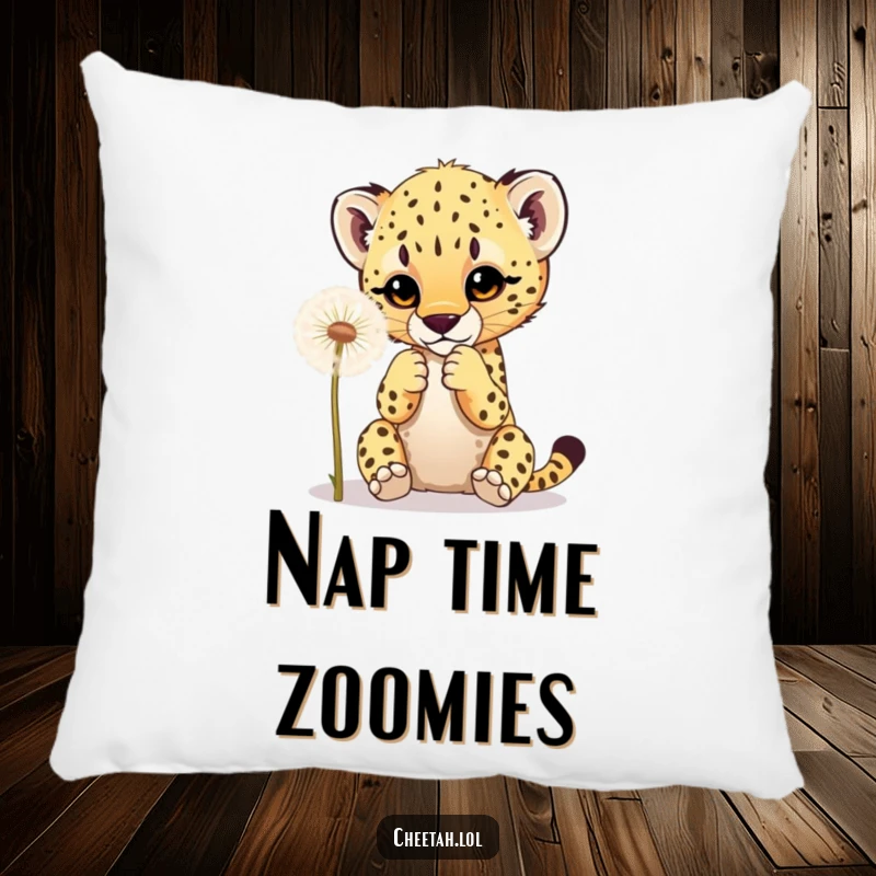 Funny decorative pillow showing a cheetah cub playfully batting at a dandelion, ideal for adding a humorous and cozy touch.