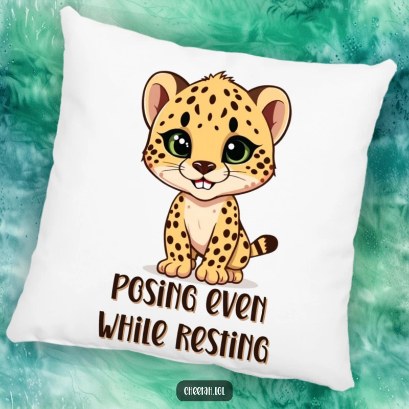 Funny cheetah cub striking a sleek, stylish pose with a confident grin, a soft and humorous pillow designed for stylish comfort.