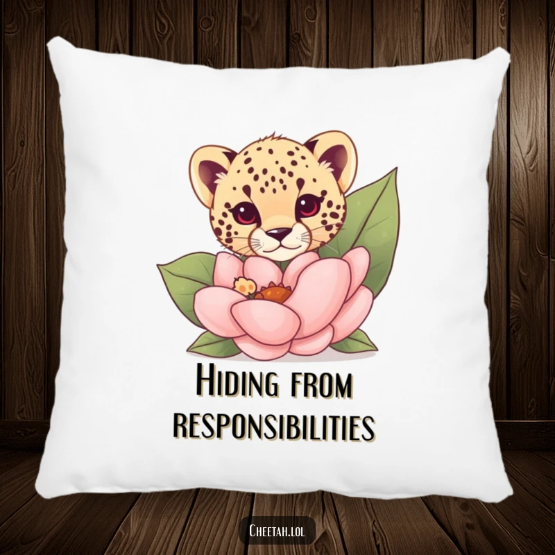 Funny cheetah cub peeking from behind a giant flower on a soft pillow, perfect for cozying up.