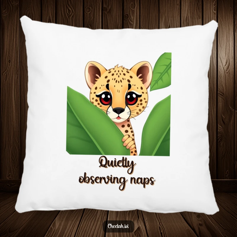Funny and soft pillow depicting a cheetah with large, curious eyes peeking from behind a giant spotted leaf, offering comfort and amusement.