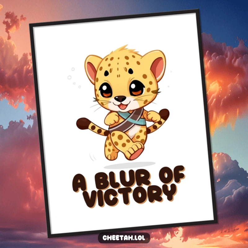 Funny Digital Art Print of a cheetah cub with a winner's sash, racing with a blurred background, perfect for wall decor conveying speed and humor.