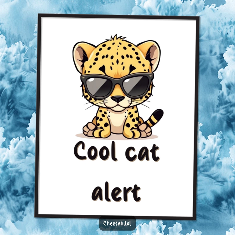 Funny cheetah cub digital art print of a stylish cub wearing oversized sunglasses, instant download.
