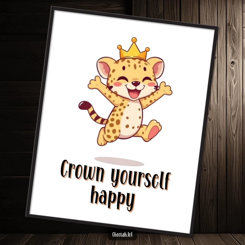 Funny cheetah cub digital art print of a crowned cub doing a joyful leap, exuding pure happiness.
