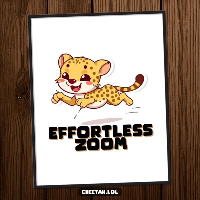 Funny smiling cheetah sprinting with effortless grace, available as a digital art print.