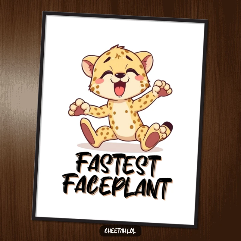 Funny cheetah digital art print of a surprised cheetah comically tripping over its paws, instant download.