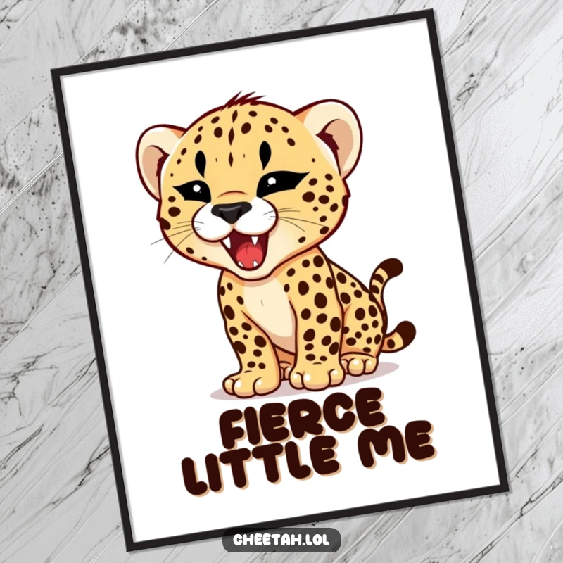 Funny digital art print of a cheetah cub practicing its roar with a tiny, fierce expression, embodying hilarious, adorable power.
