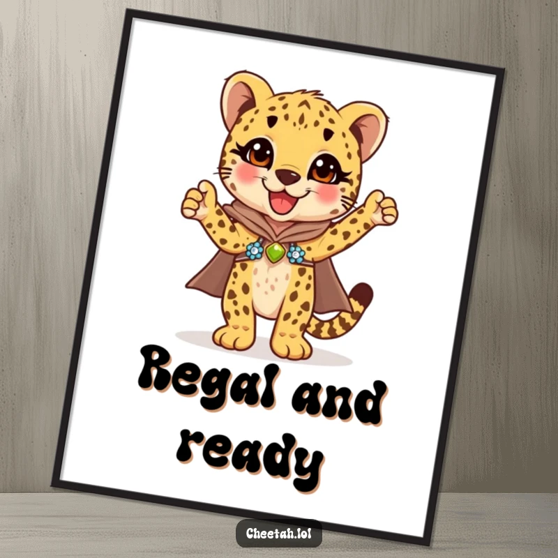 Funny cheetah cub in a dazzling sequined cape striking a triumphant pose, this digital art print is a heroic gift.