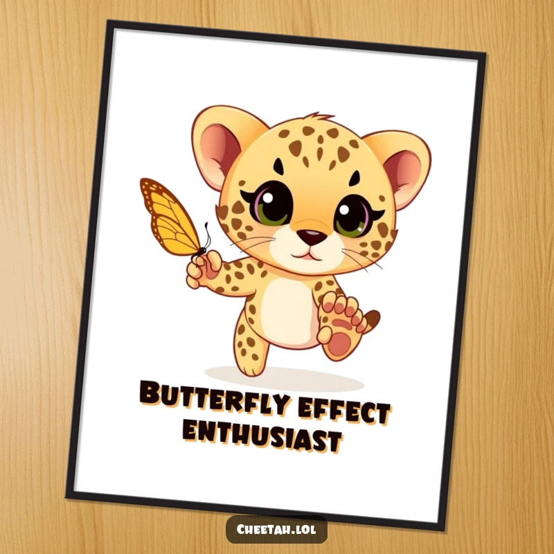 Funny cheetah cub playfully chasing a butterfly with wide eyes, a downloadable digital art print for humor and animal lovers.