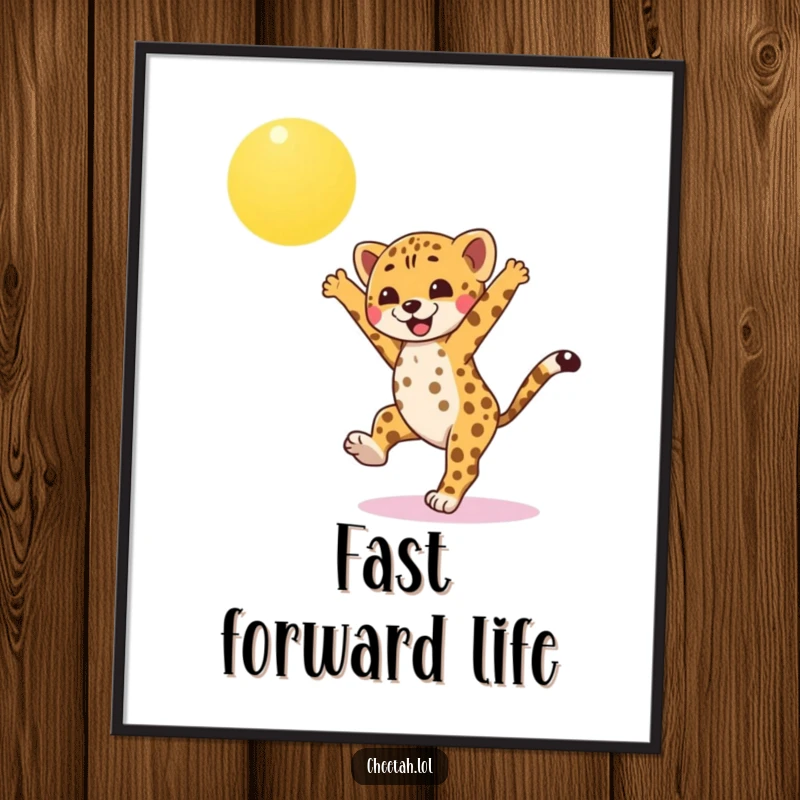 Funny cheetah cub digital art print, captured mid-cartwheel under a bright sun, radiating pure athletic joy and happiness for instant decor.