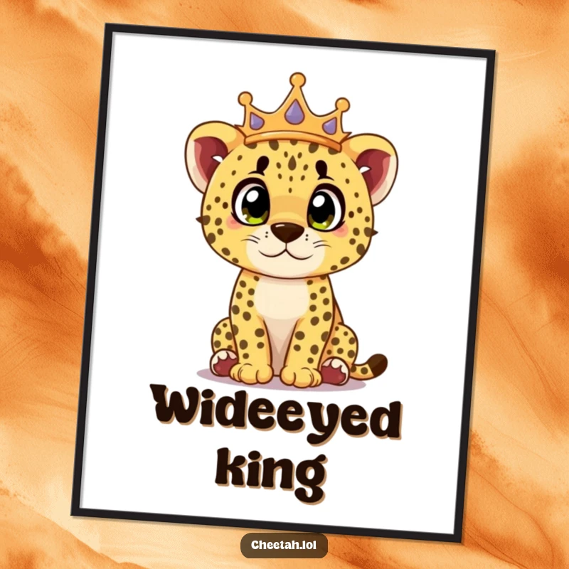 Funny cheetah cub digital art print of a cub with a crown, looking surprised with curious eyes, offering charming wall decor.