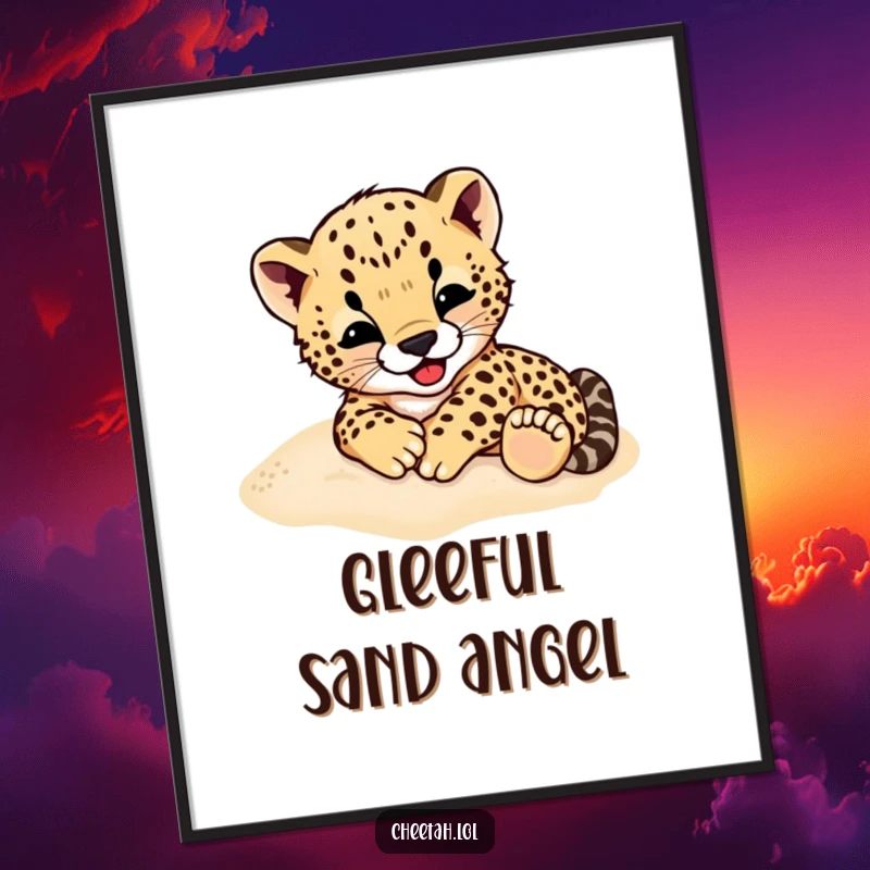 Funny Cheetah Cub Digital Art Print: A downloadable image of a cheetah cub gleefully rolling in soft sand, pure playful joy.