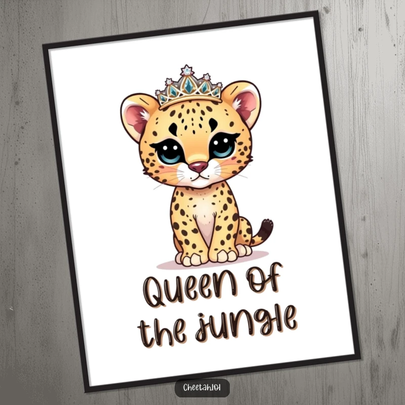 Funny cheetah cub model digital art print of a cute cub wearing a sparkly tiara and posing stylishly.