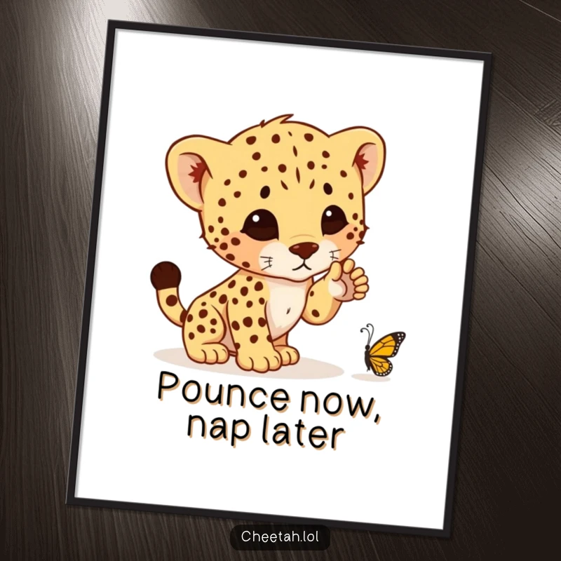 Funny digital art print of a cheetah cub humorously poised to pounce on a tiny butterfly, perfect for immediate wall decor.