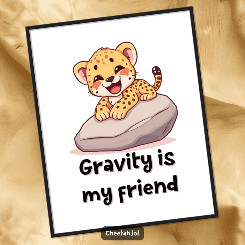 Funny digital art print of a cheetah cub joyfully sliding down a rock with a happy yelp, perfect for instant wall decor.