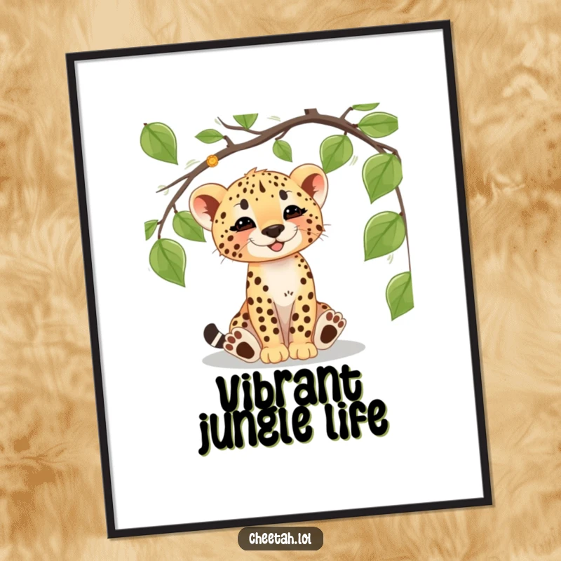 Funny cheetah cub digital art print of a cub happily batting at a dangling vine, perfect for framing and display.