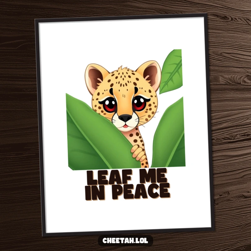 Funny cheetah with large, curious eyes peeking from behind a giant spotted leaf, as a high-resolution digital art print for instant decor.