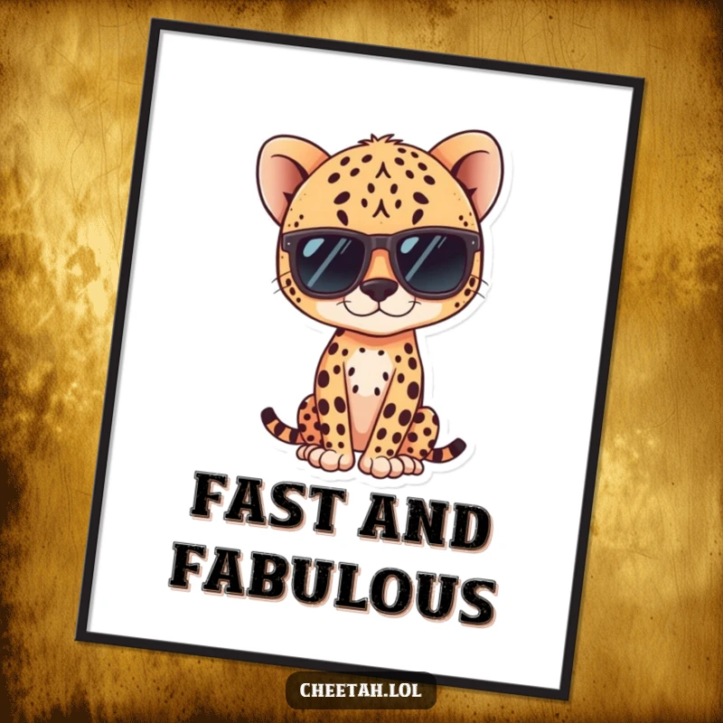 Funny kawaii cheetah wearing sunglasses, striking a cool pose, available as a digital art print.