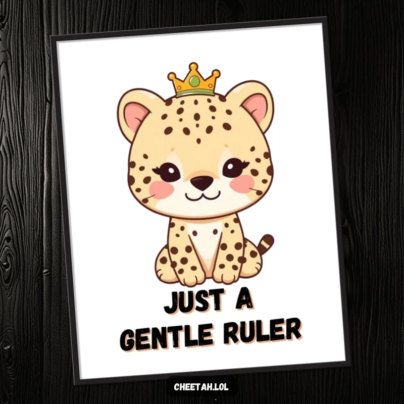 Funny digital art print of a gentle cheetah character with a soft smile and a tiny crown, ideal for charming decor.