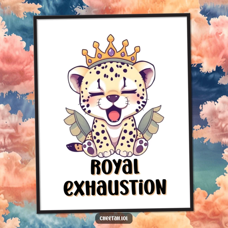 Funny sleepy cheetah cub wearing a feathered crown, yawning peacefully, this digital art print is a cozy gift.