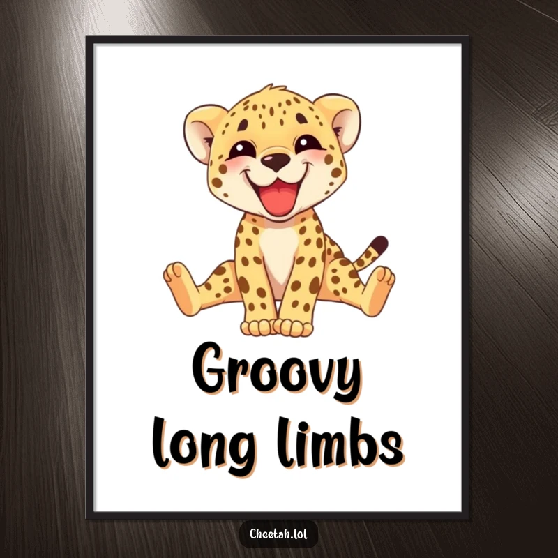 Funny cheetah cub digital art print of a happy cub grinning and stretching its long legs, full of vibrant energy. Artistic gift.