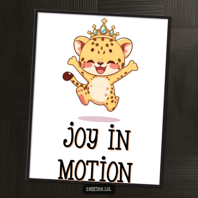 Funny Digital Art Print of a cheetah cub in a sparkling tiara, captured in an exhilarating joyful leap, perfect for vibrant wall decor.