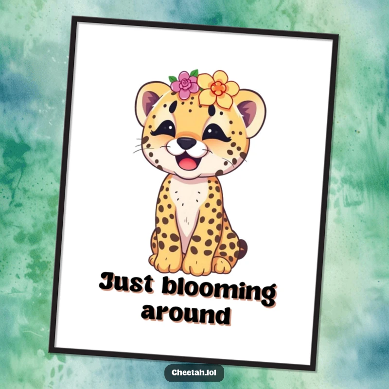 Funny digital art print of a happy cheetah cub giggling, wearing a charming flower crown, ready to adorn your walls.