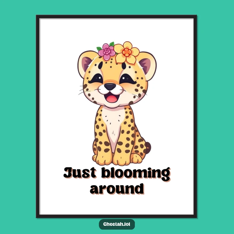 Funny Cheetah Cub Flower Crown Digital Art: Instant Giggle Decor
