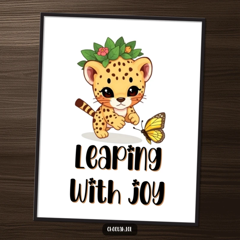 Funny cheetah cub with a leaf crown, playfully pouncing on a butterfly, as a high-resolution digital art print for instant home decor.