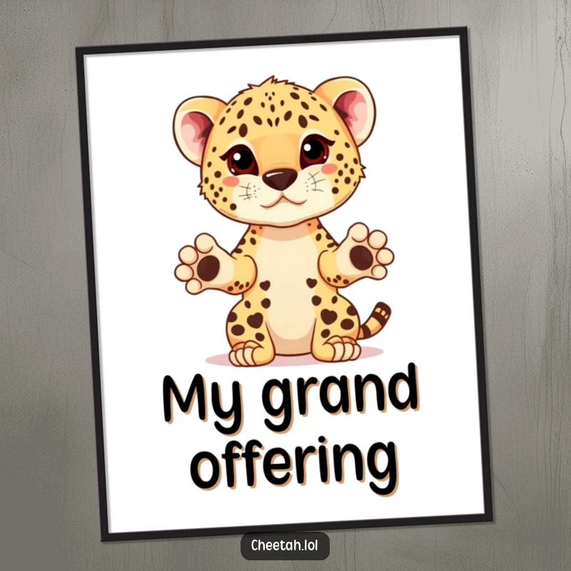 Funny cheetah cub with paws extended, presenting an imaginary prize, as a digital art print, symbolizing achievement.