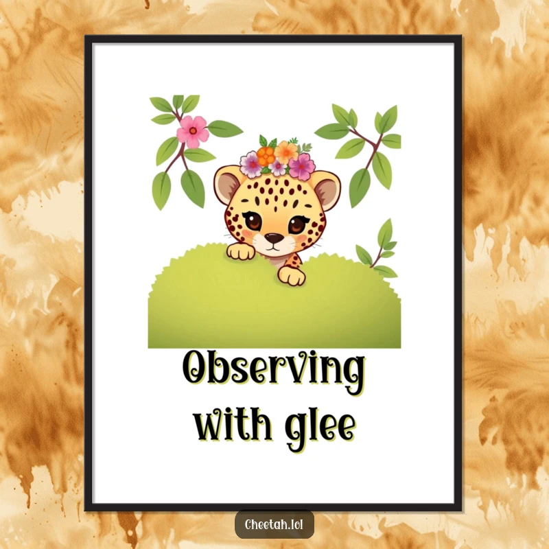 Funny mischievous cheetah cub wearing a floral crown peeking, this digital art print is playful and charming.