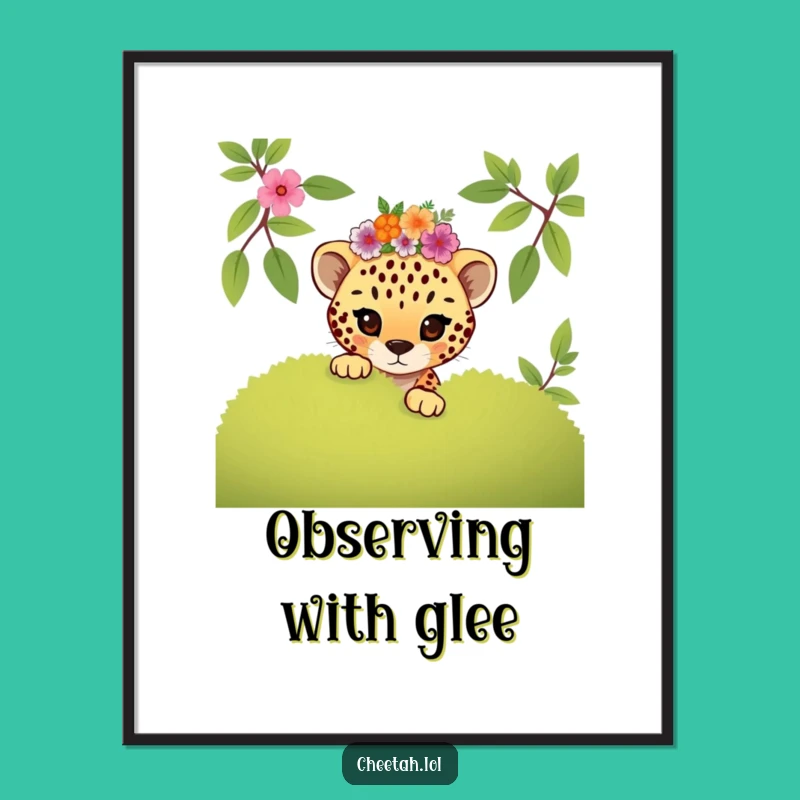 Funny Mischievous Cheetah Cub Floral Digital Print: Playful Art Gift