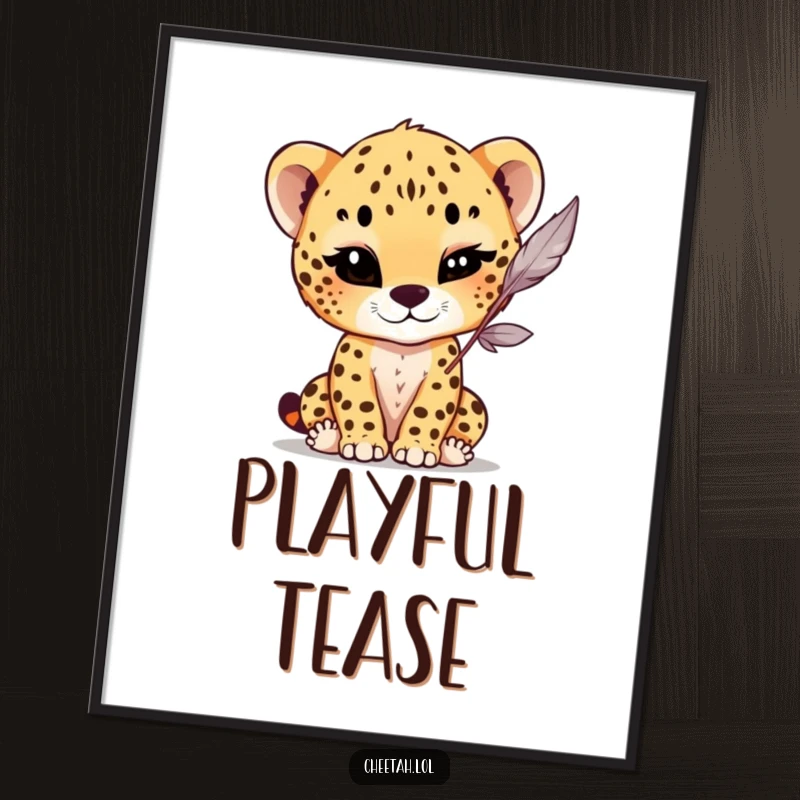 Funny Digital Art Print of a cheetah cub with a playful wink, batting at a dangling feather, perfect for wall decor conveying lighthearted mischief.