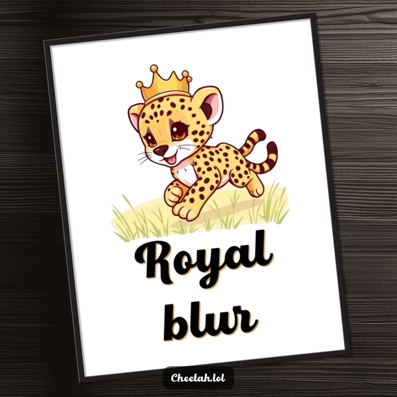 Funny cheetah cub wearing a crown, zooming playfully, as a digital art print, bringing instant humor and charm, a perfect funny gift.