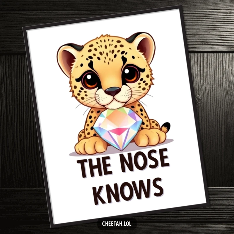 Funny cheetah cub balancing a large, shiny jewel on its nose, as a digital art print, symbolizing elegance.