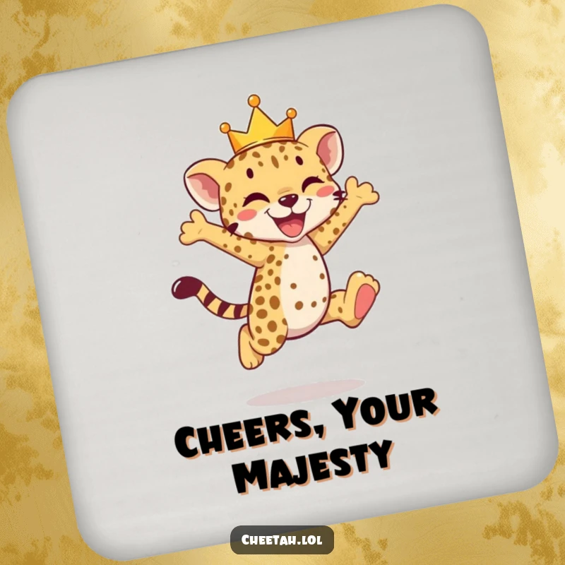 Funny cheetah cub coasters showing a crowned cub in a joyful leap, adding regal fun.