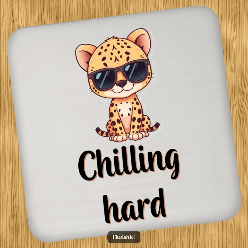 Funny kawaii cheetah wearing sunglasses, posing coolly on a coaster, perfect for surface protection.