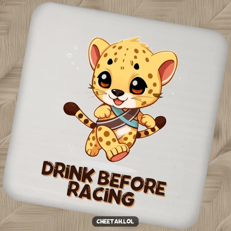 Funny Drink Coaster featuring a cheetah cub wearing a winner's sash, racing with a blurred background, protecting surfaces with humorous speed.
